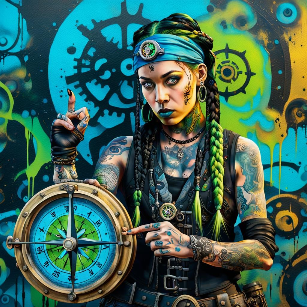 Steampunk Pirate Graffiti Art of Tattooed Woman
