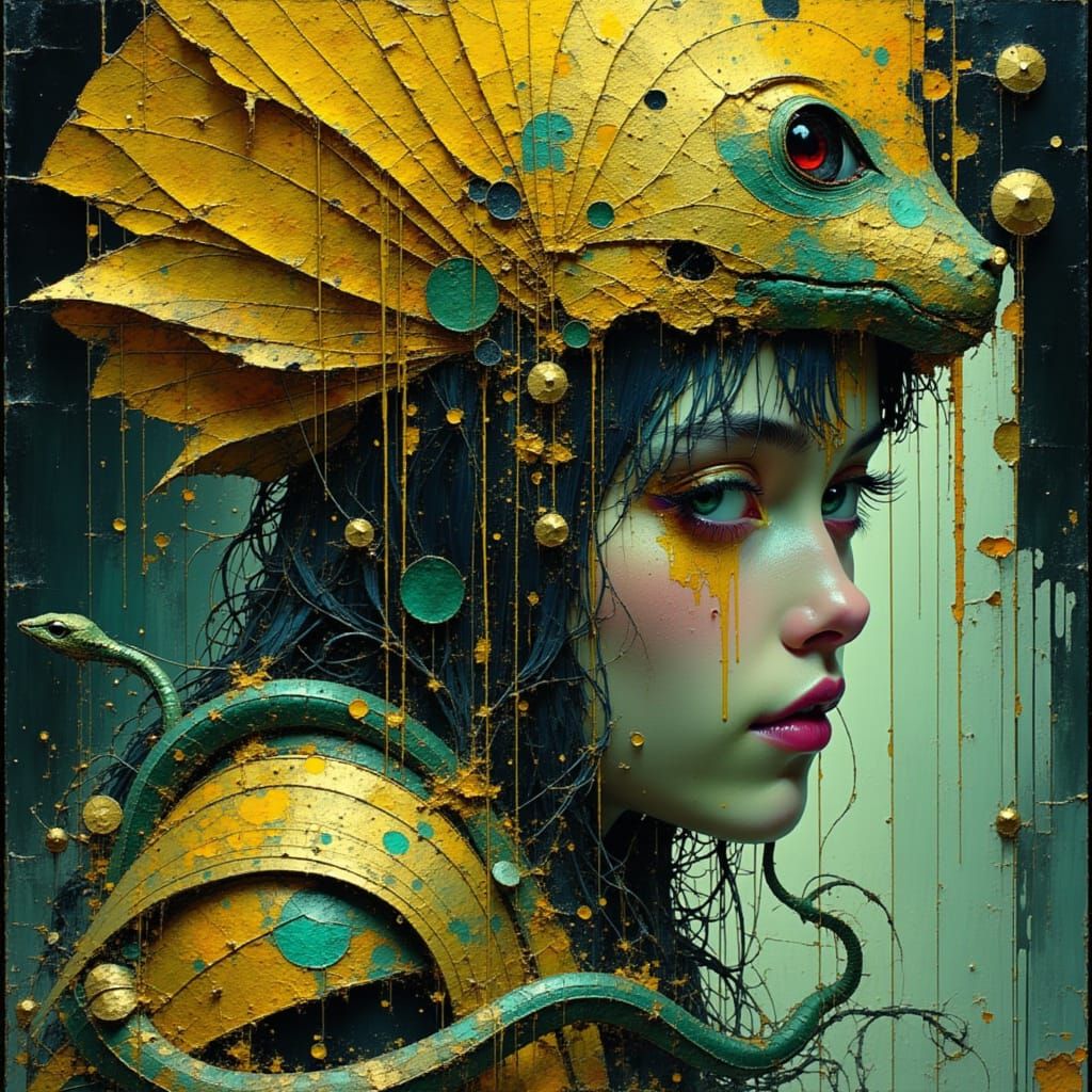 Medusa with Golden Headdress, Smiling in Dreamlike Setting