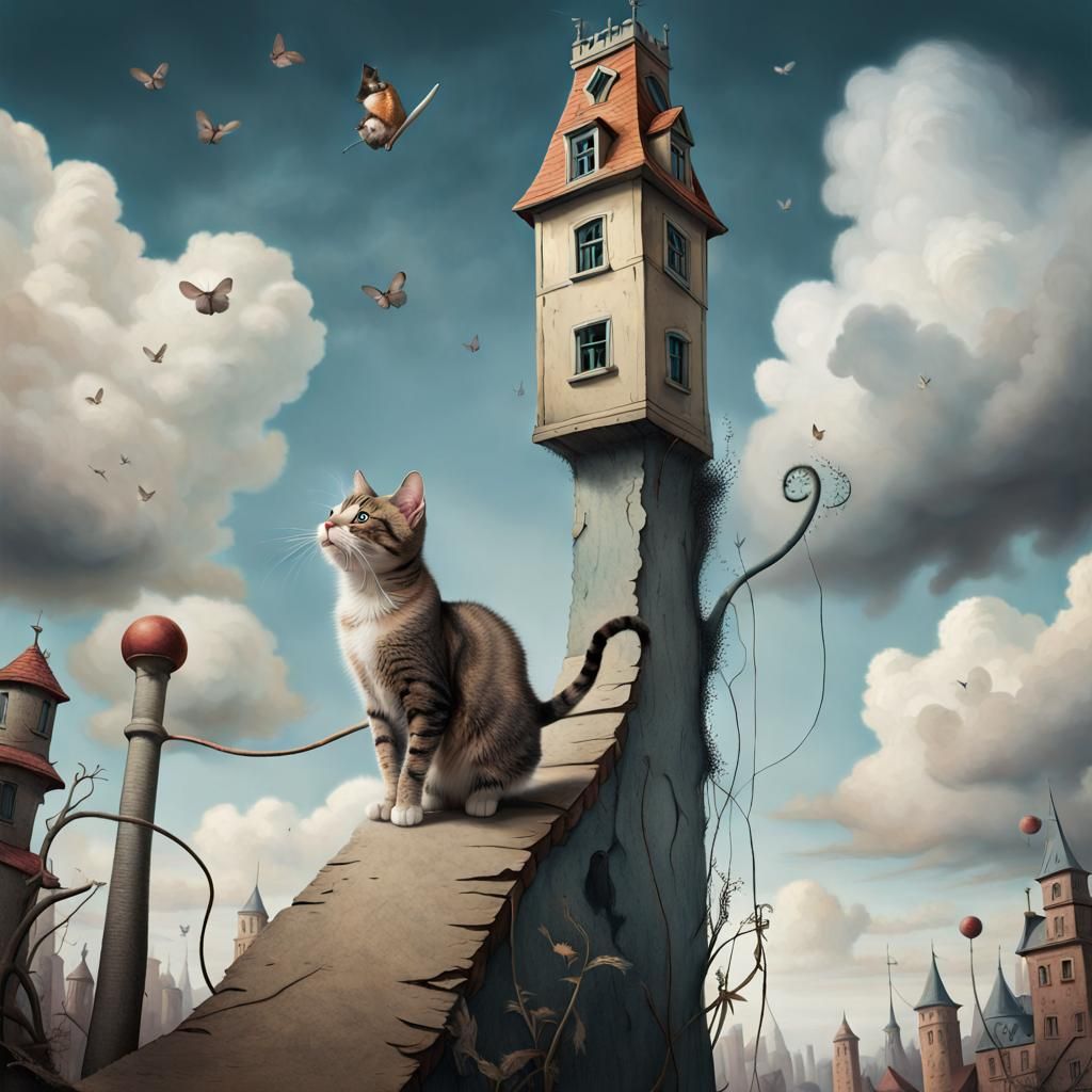 Cat Encounters a Surreal Giant Mouse