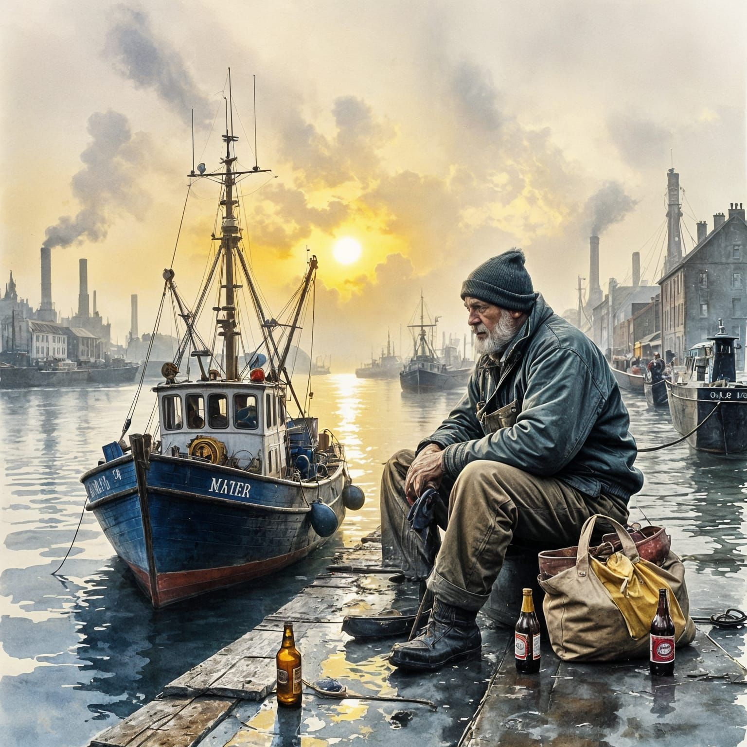 Moody Fisherman in Misty English Town - Watercolor Style