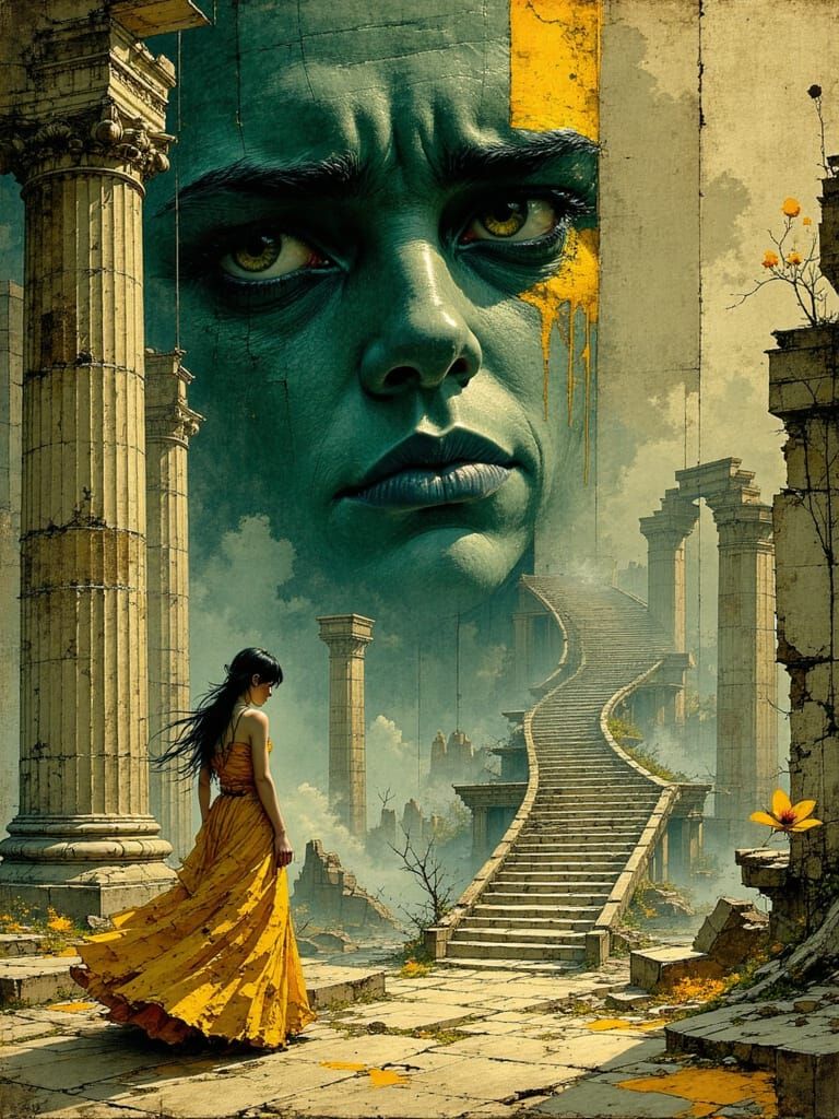 Grief-Stricken Woman in Tattered Toga Amidst Ruins of Grecia...