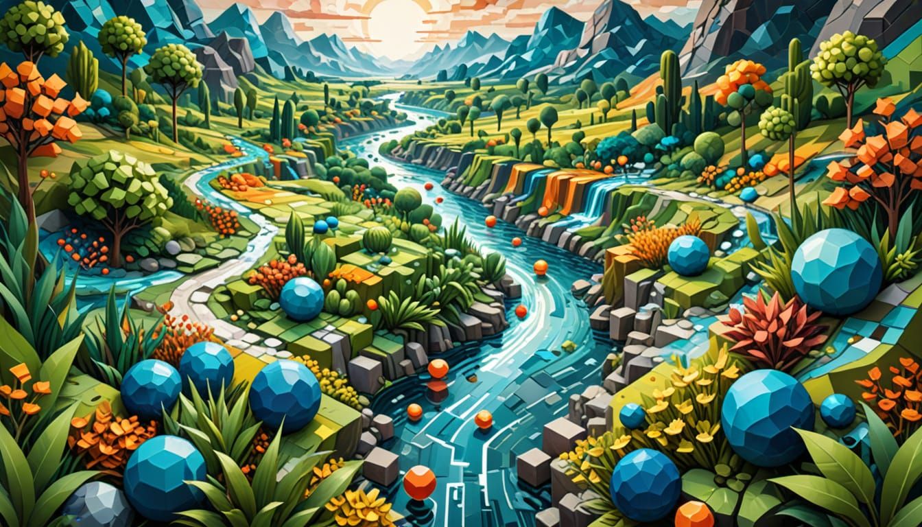 Geometric River Landscape in Cubist Style