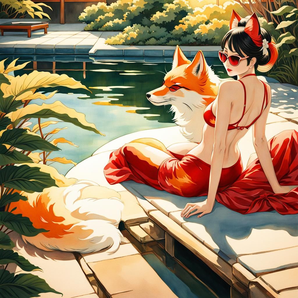 Kitsune Lounging Poolside in Hokusai Watercolor Style