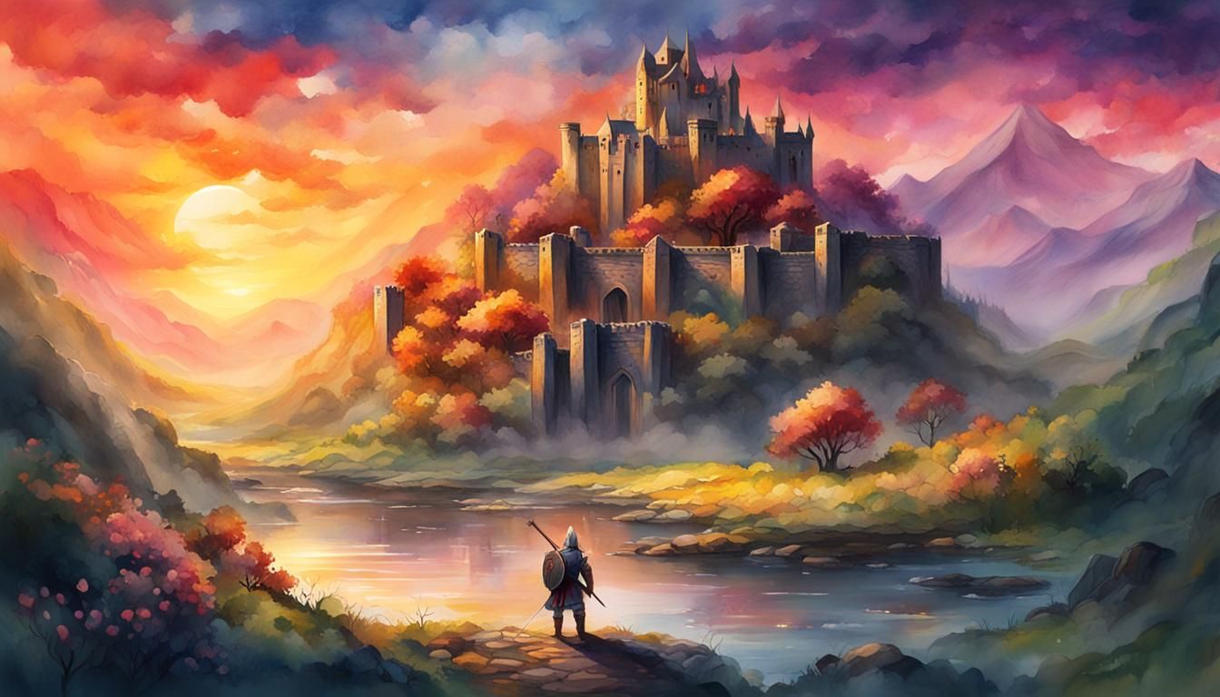 Celtic Warrior Watercolor Painting with Floral Sunset