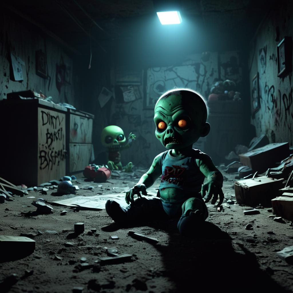 Eerie Cartoon Zombie Baby in Dirty Basement