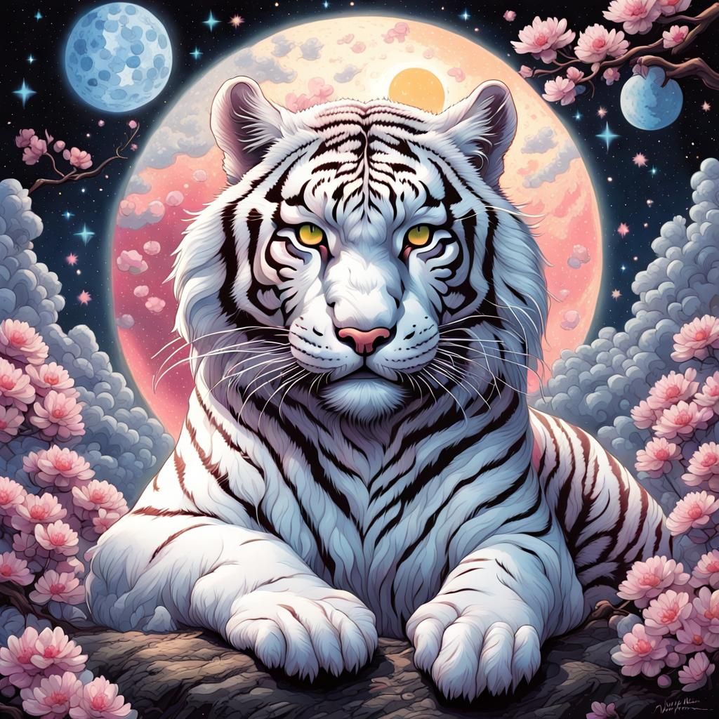 Cosmic Tiger in Gothic Style Under Starry Sky