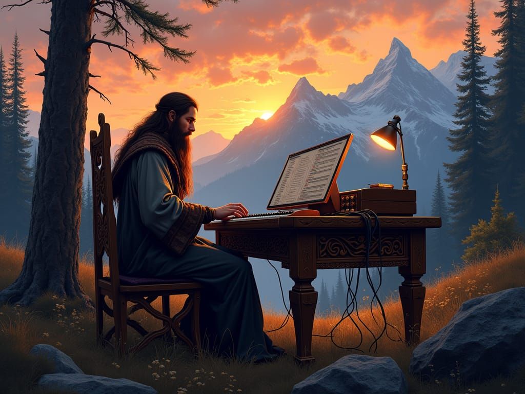 Viking King Composing Music in Forest at Sunset