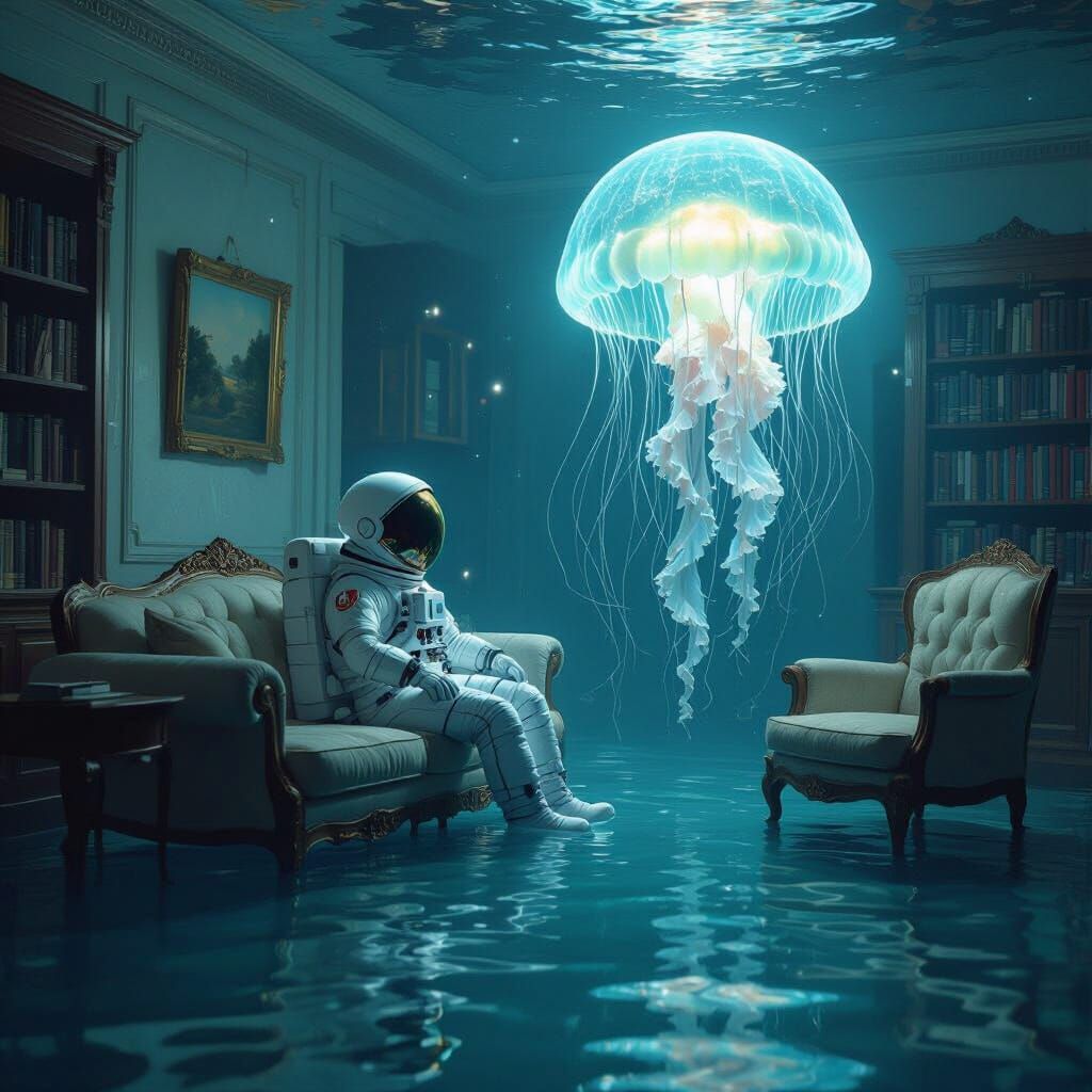 Astronaut Floats in Surreal Underwater Room with Jellyfish