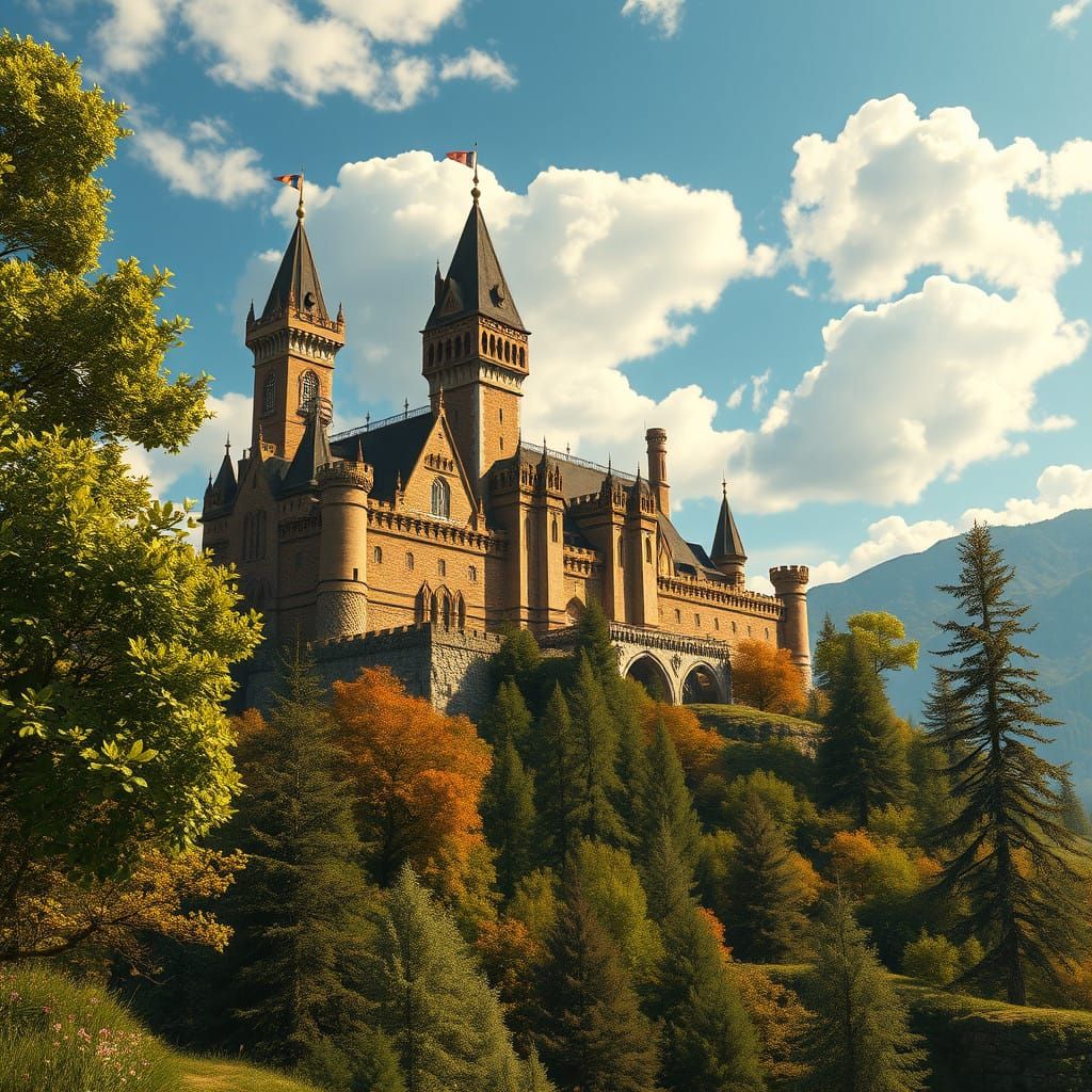Medieval Fantasy Castle in Vibrant Summer Landscape