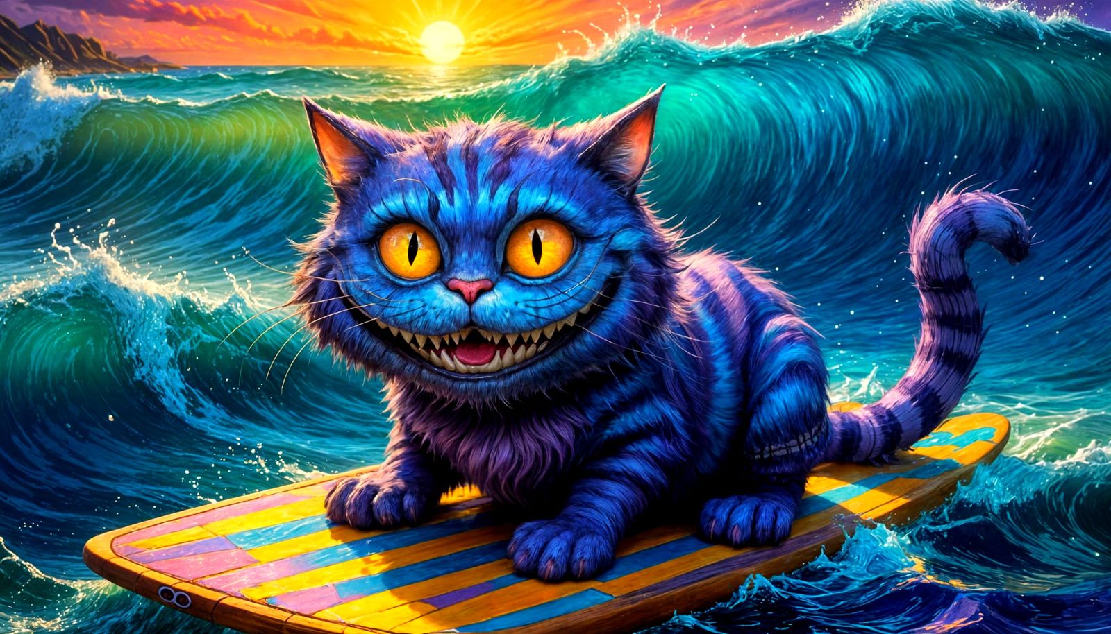 Cosmic Cheshire Cat Surfing: Neo-Impressionist Illustration