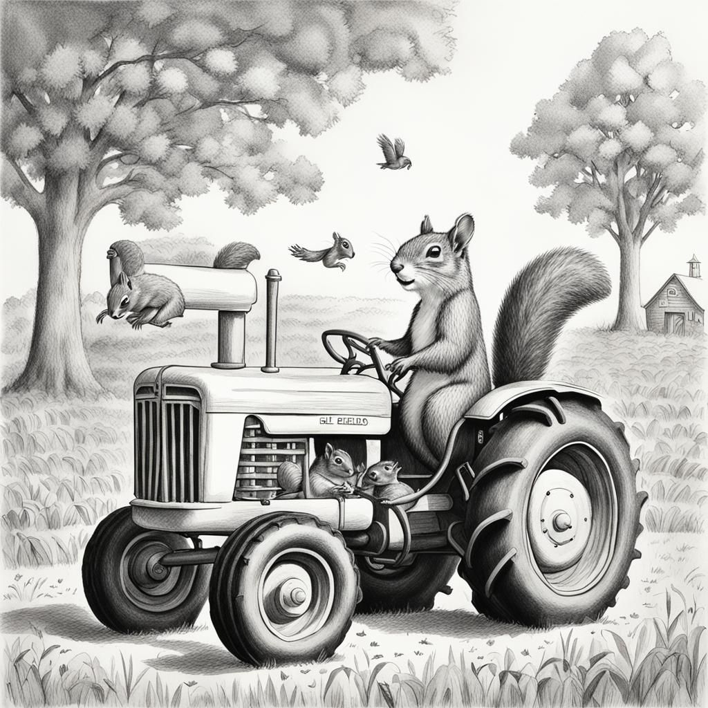 Squirrels on a Tractor: A Disney-esque Pencil Sketch