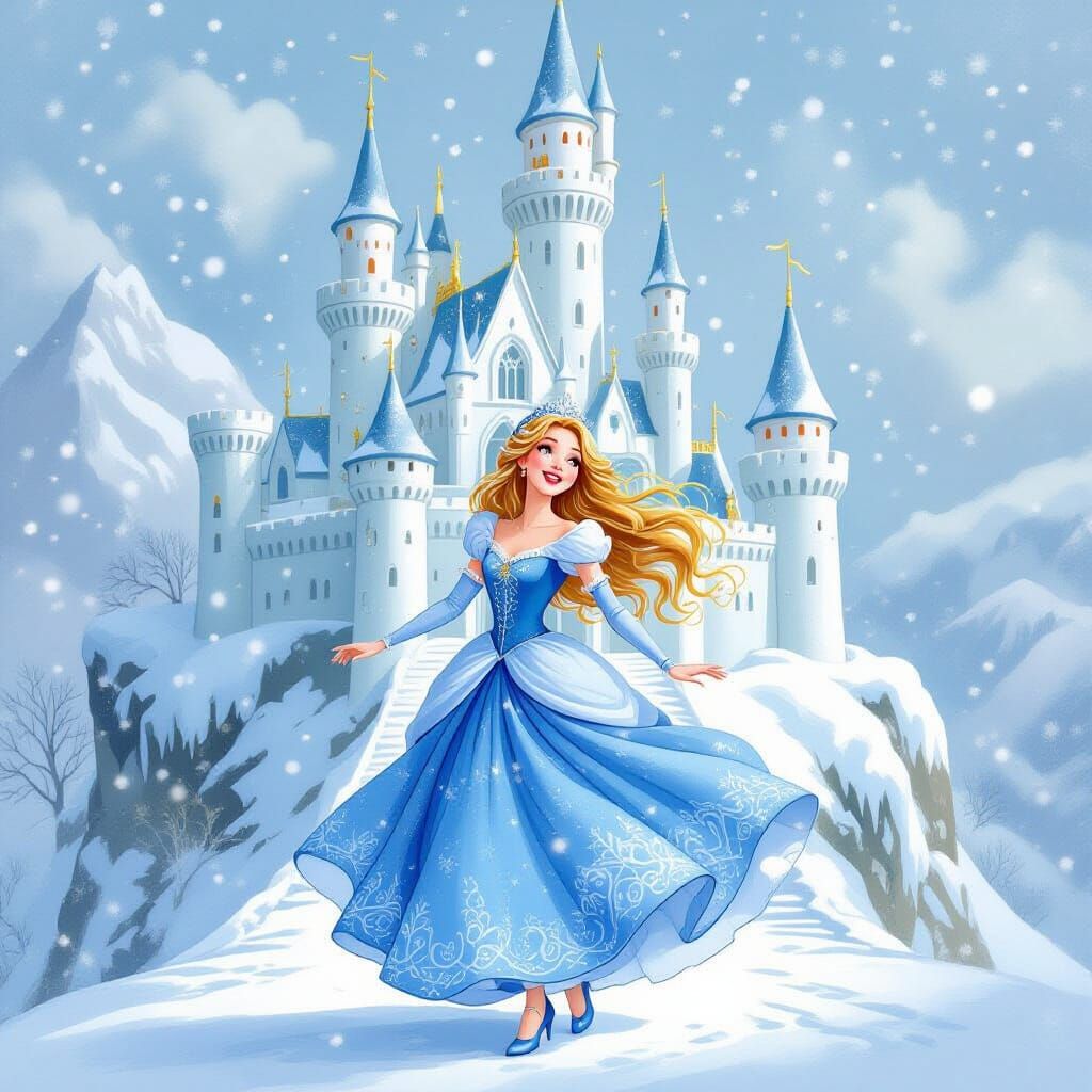 Fairytale Princess Dances Before Snow Castle