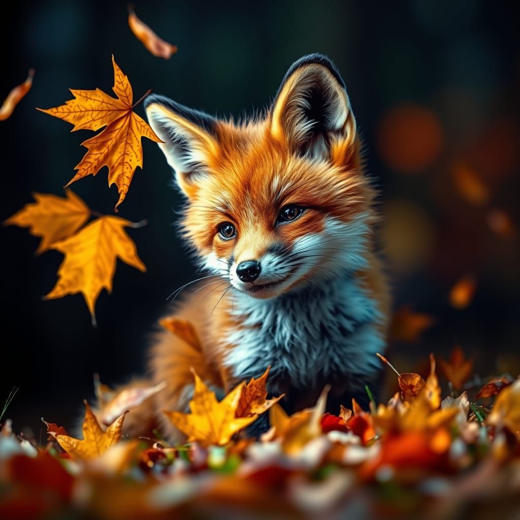 Fox Kit Plays With Autumn Leaves in Dramatic Forest Light