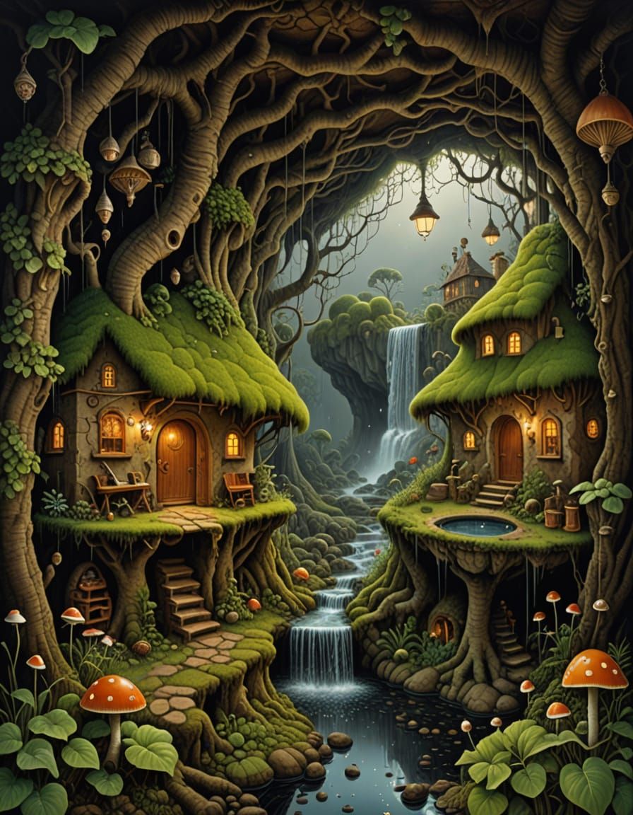 Enchanted Cave Cottage with Waterfall by Jacek Yerka Style