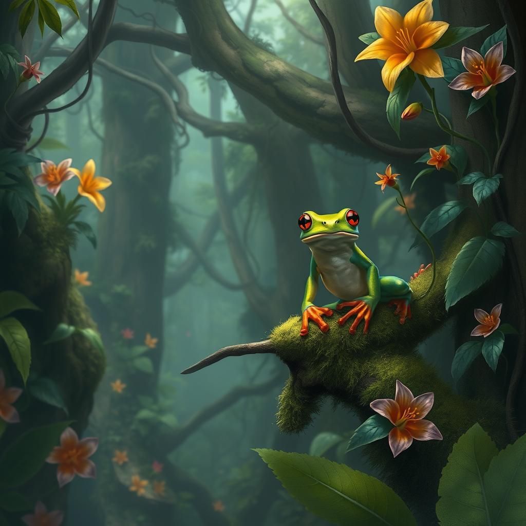 Emerald Frog in Lush Rainforest, Mystical Digital Art