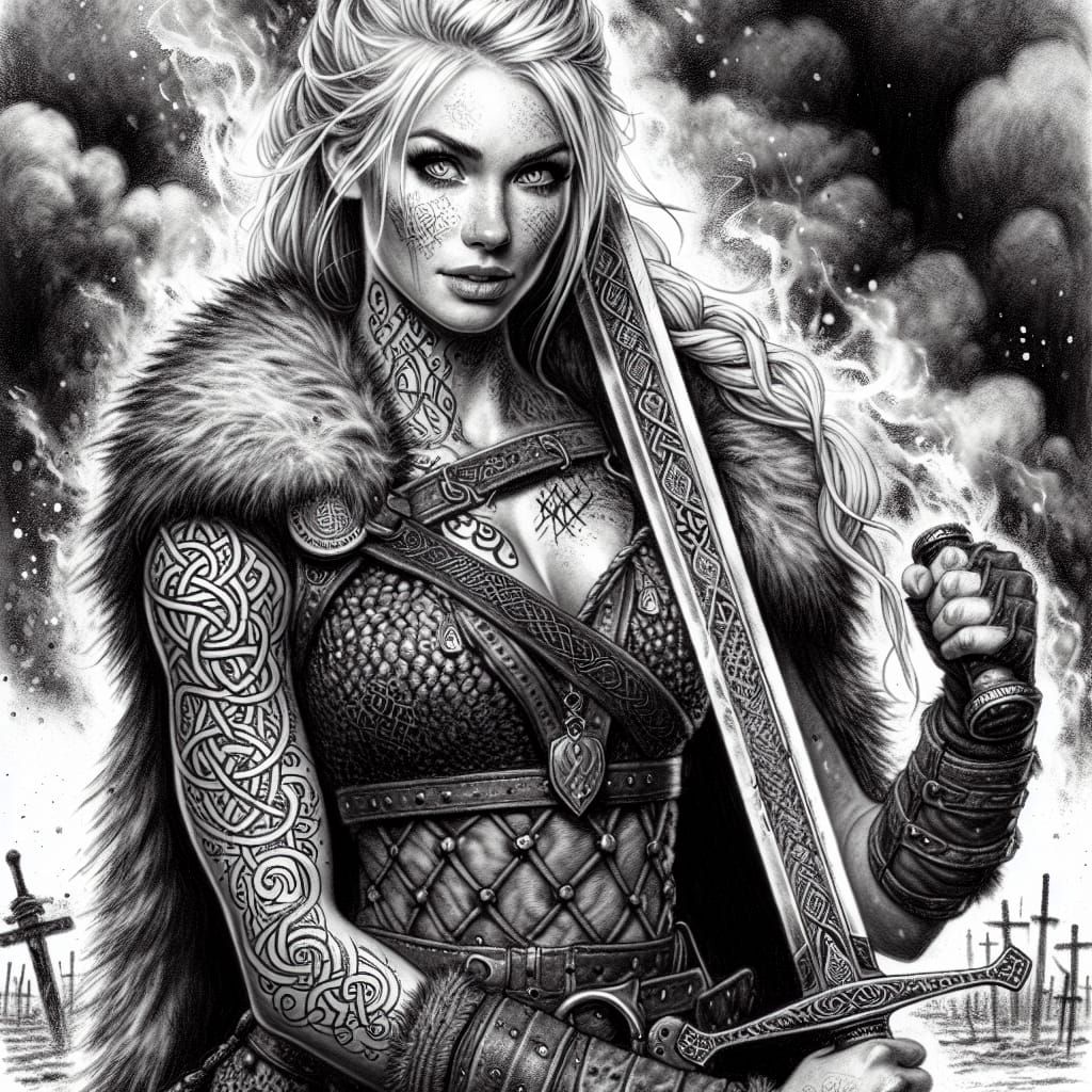 Viking Shieldmaiden with Greatsword in Graphite Style