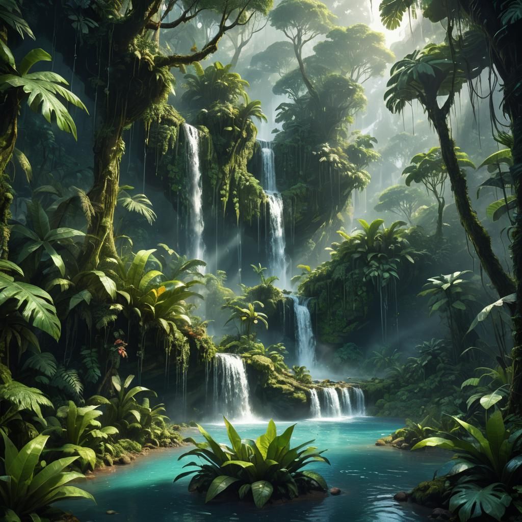 Lush Rainforest Waterfall in Epic Fantasy Style