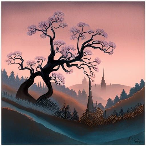 Sakura Ikebana Gouache Painting in Earle Style