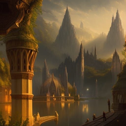 Elven City of Marble and Roses in Sunlight