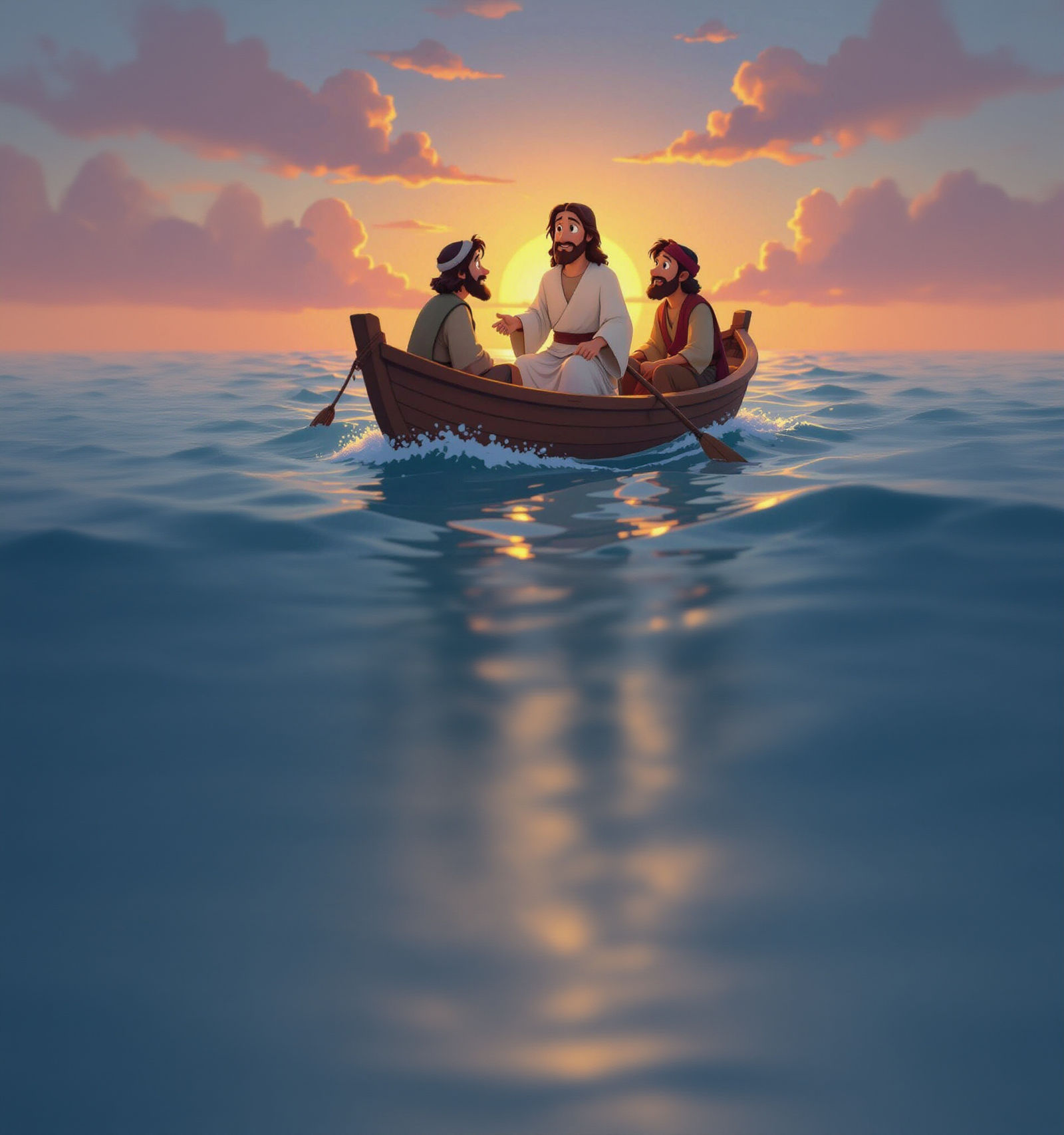 Jesus and Disciples in Boat: 2D Cartoon Style