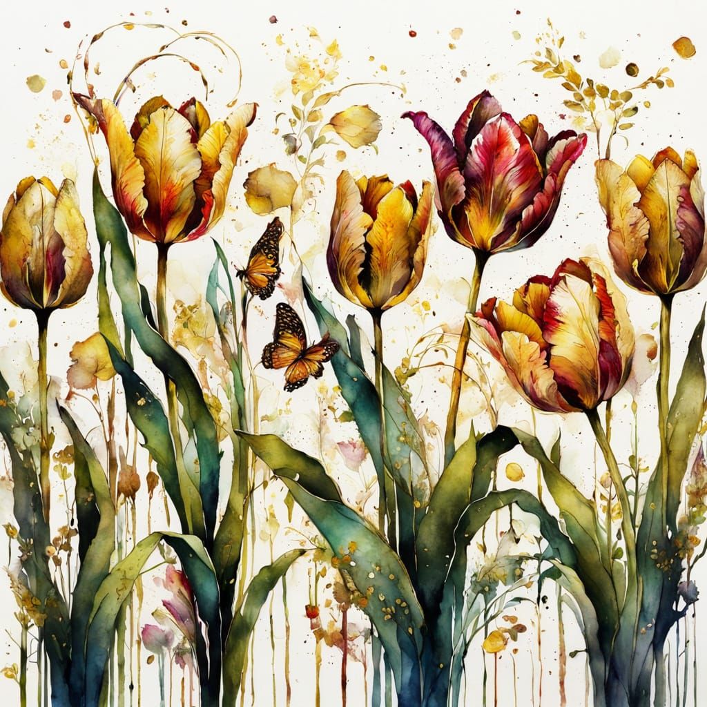 Tulips in Spring Garden with Golden Motifs