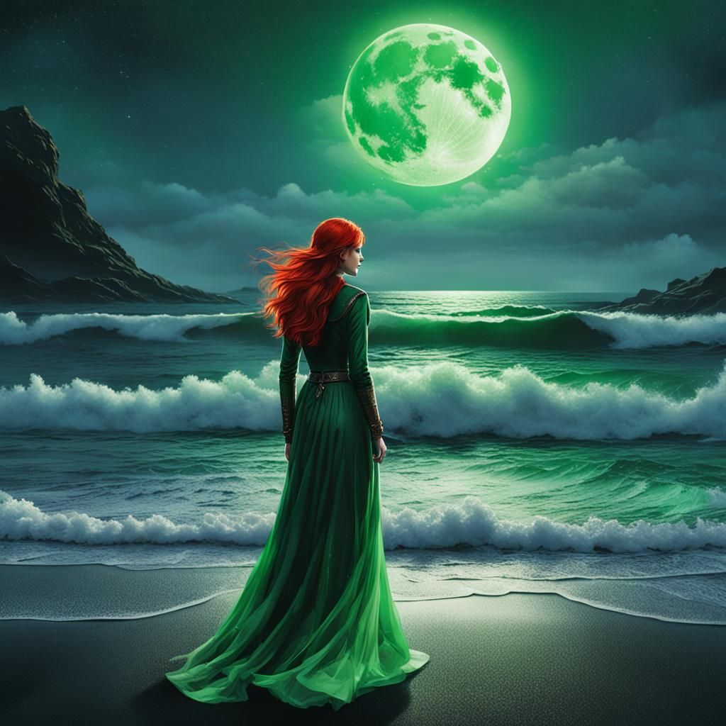 Red-Haired Bride on Black Sand Beach in Cyberpunk Style
