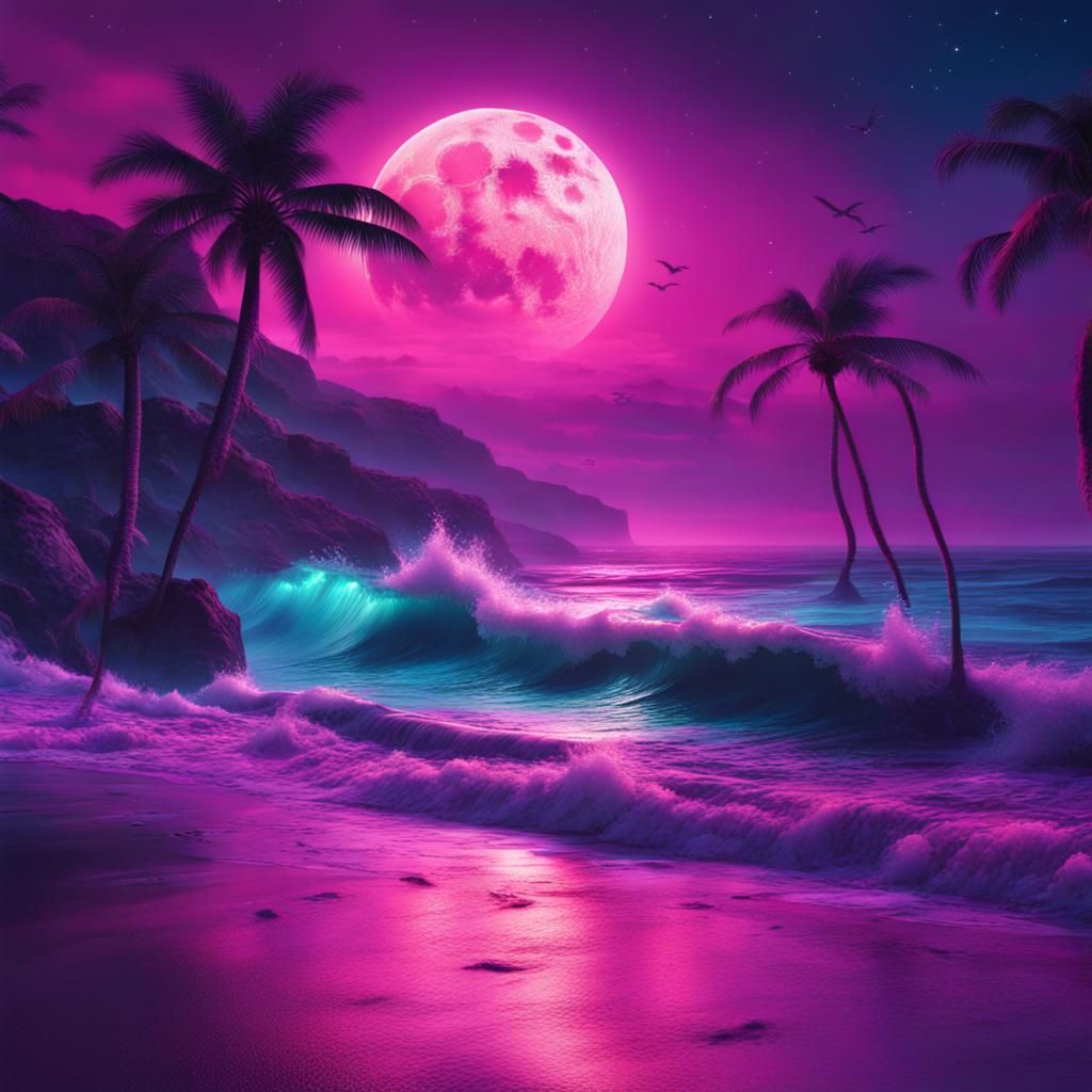 Vaporwave Night Rave on Beach with Full Moon