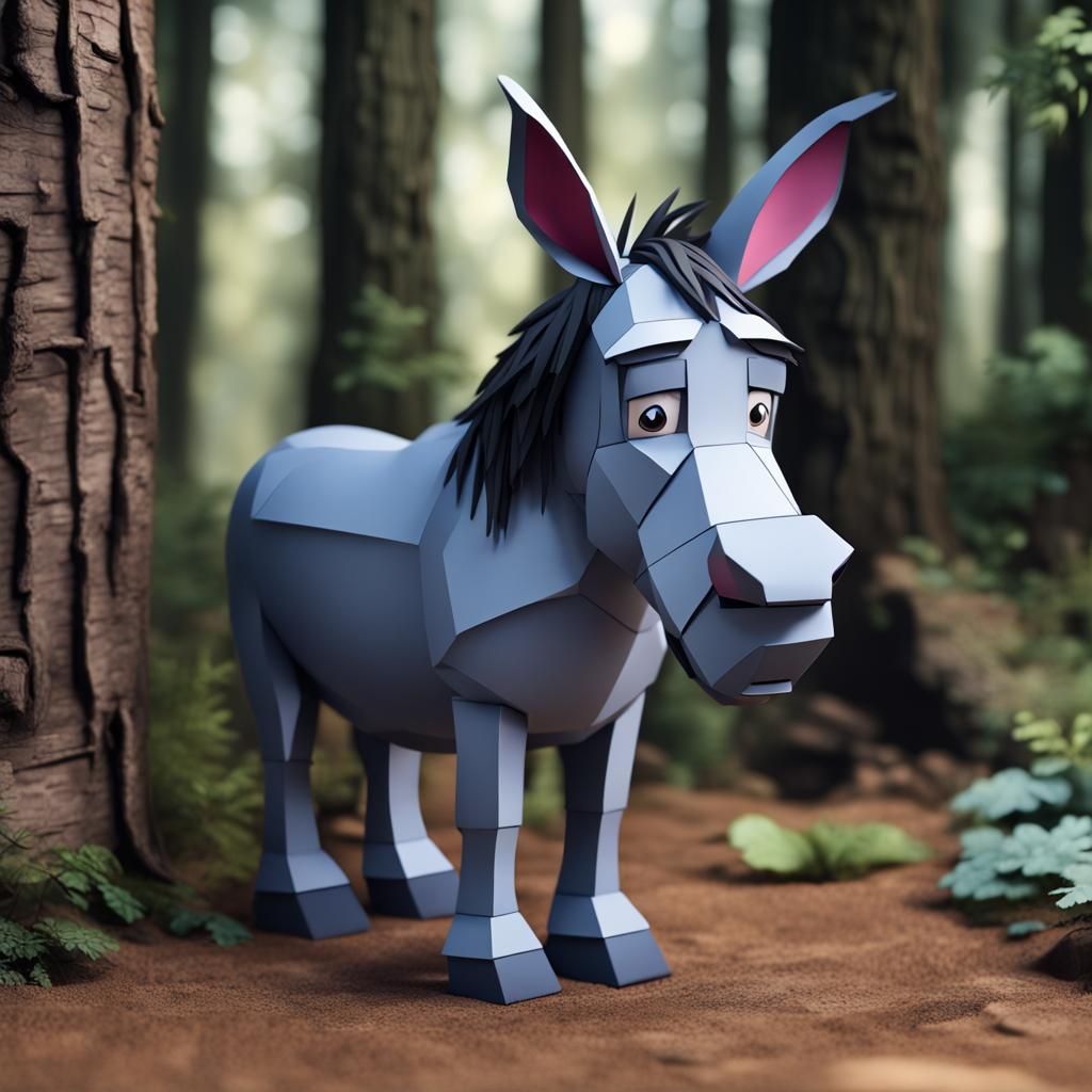 Sad Eeyore Donkey in Woods: 4K Papercraft