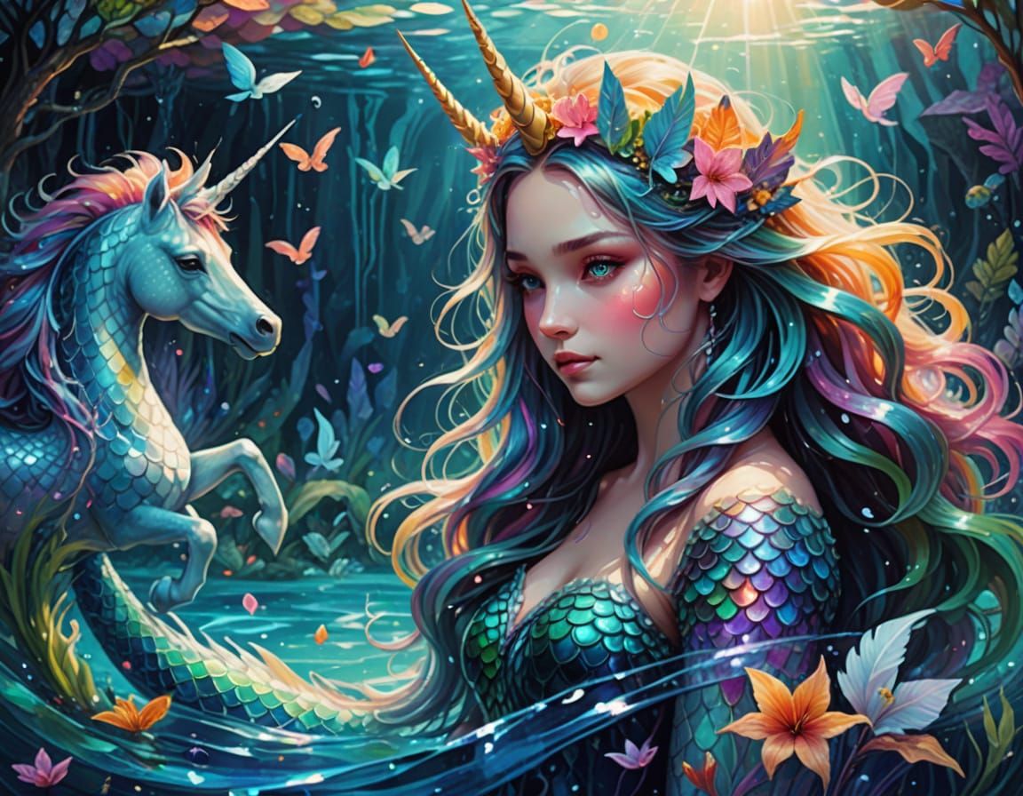 Dreamlike Fantasy Art of Mermaids and Unicorns in Whimsical ...