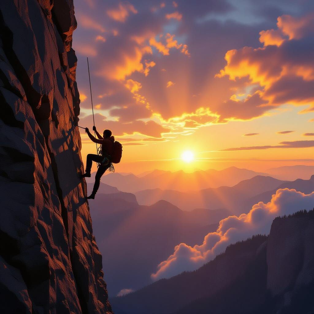 Heroic Silhouette Ascends Rock Face at Sunrise
