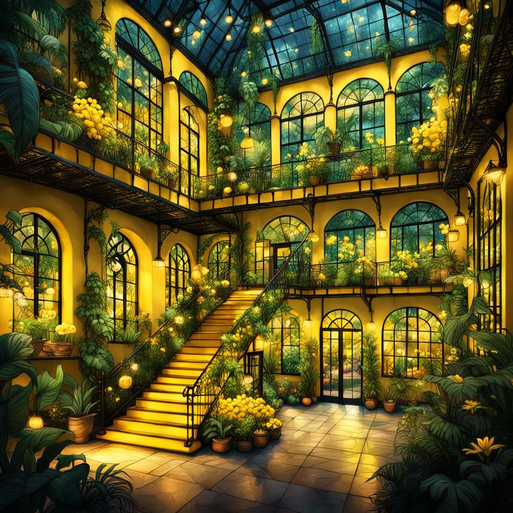 Enchanted Yellow Glasshouse Interior at Night