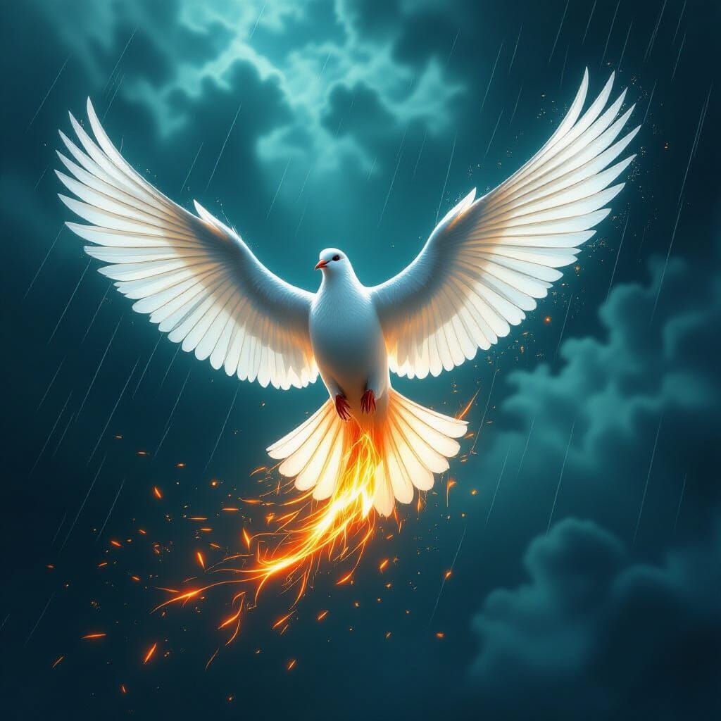 Fiery Dove Flying Through Stormy Sky
