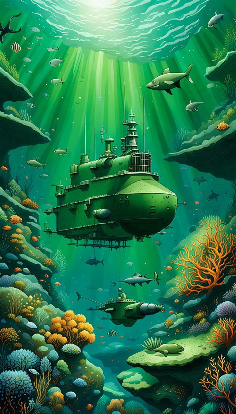 Eerie Underwater Shipwrecks in Green Ocean