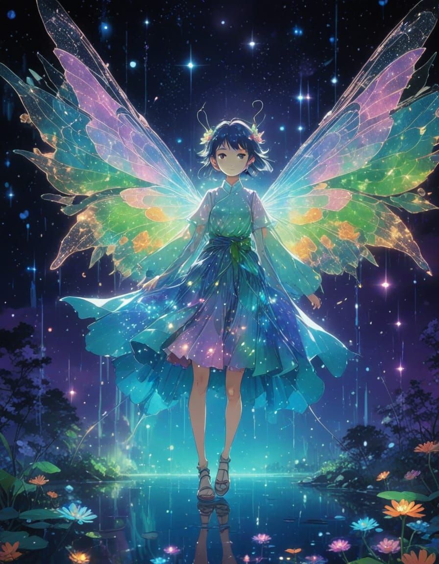 Vibrant Fantasy Fairy in Neon Hues with Glowing Wings and Bi...