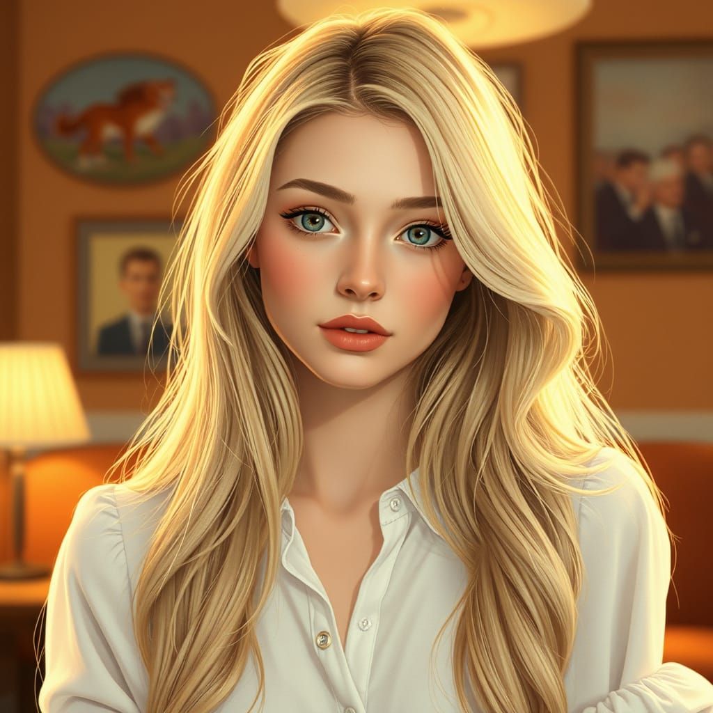 Shy Woman in White Blouse, Whimsical Art Style