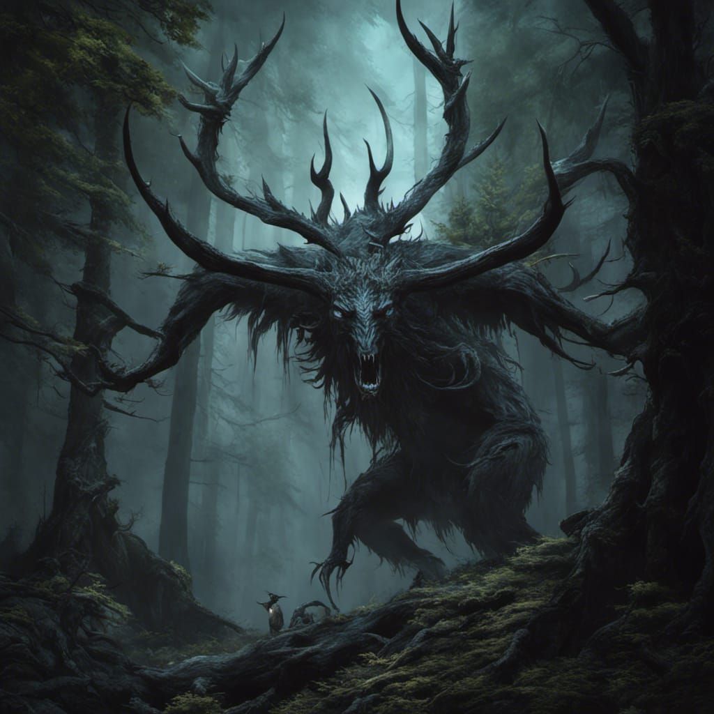 Creepy Wendigo Monster in Dark Fantasy Forest