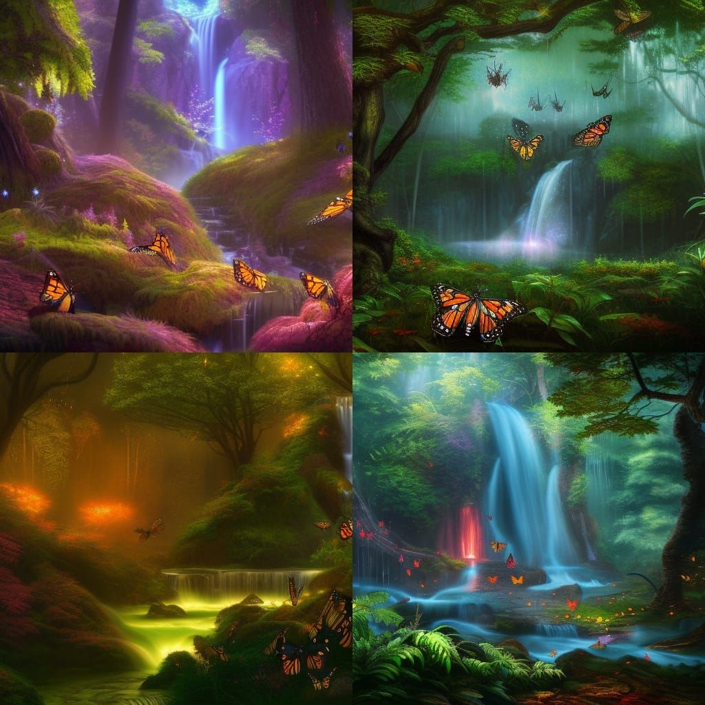 Enchanted Forest with Butterflies and Waterfall
