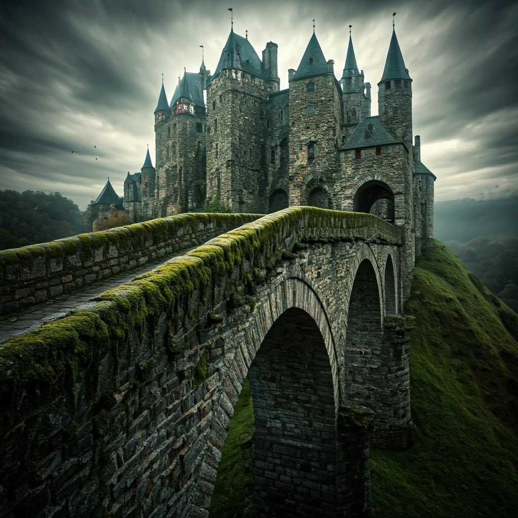 Medieval Stone Bridge in a Dramatic Stormy Landscape