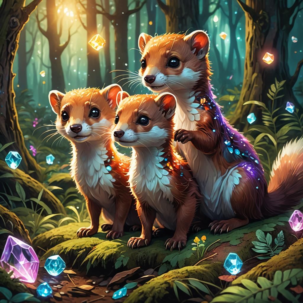 Whimsical Weasels Playing with Crystal: Fantasy Art