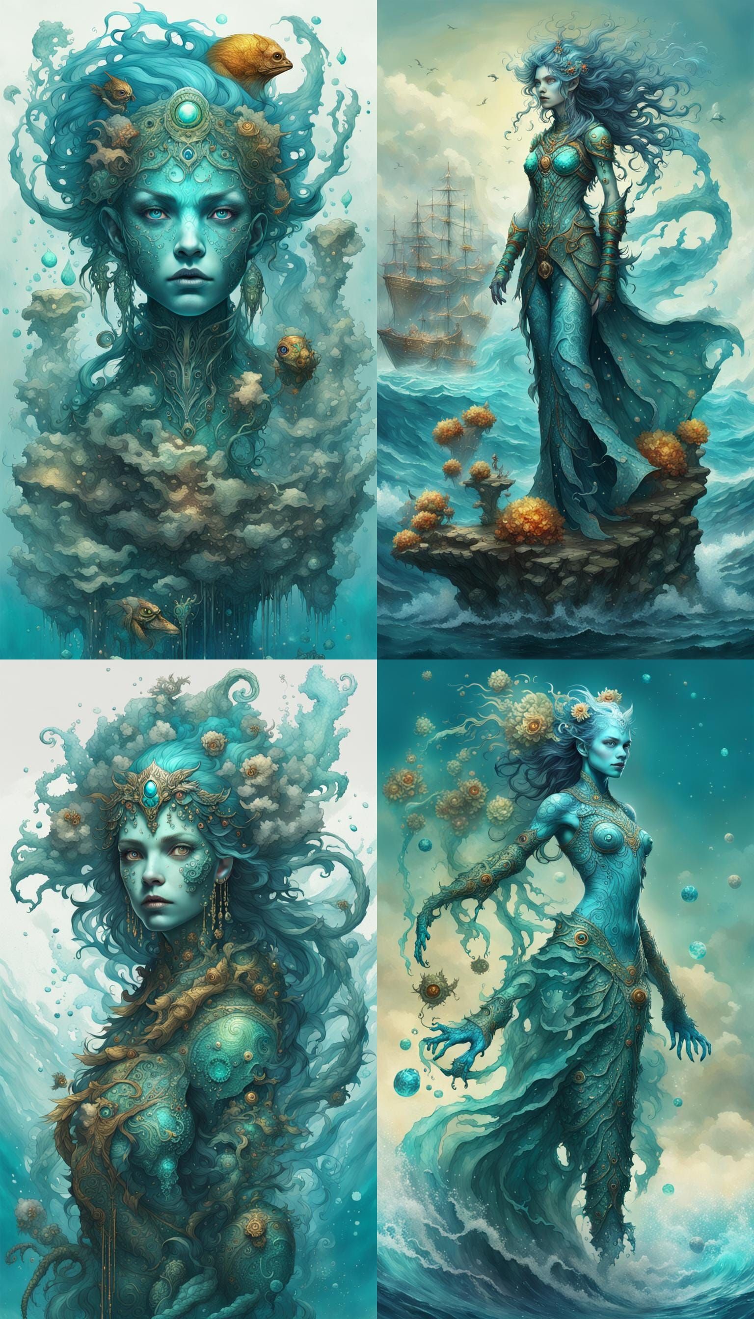A full body shot of an exceptionally detailed and beautiful female, water elemental, with eyes aqua like the Mediterrane...