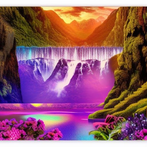 Waterfall and Mountains in Cosmic Astral Illustration