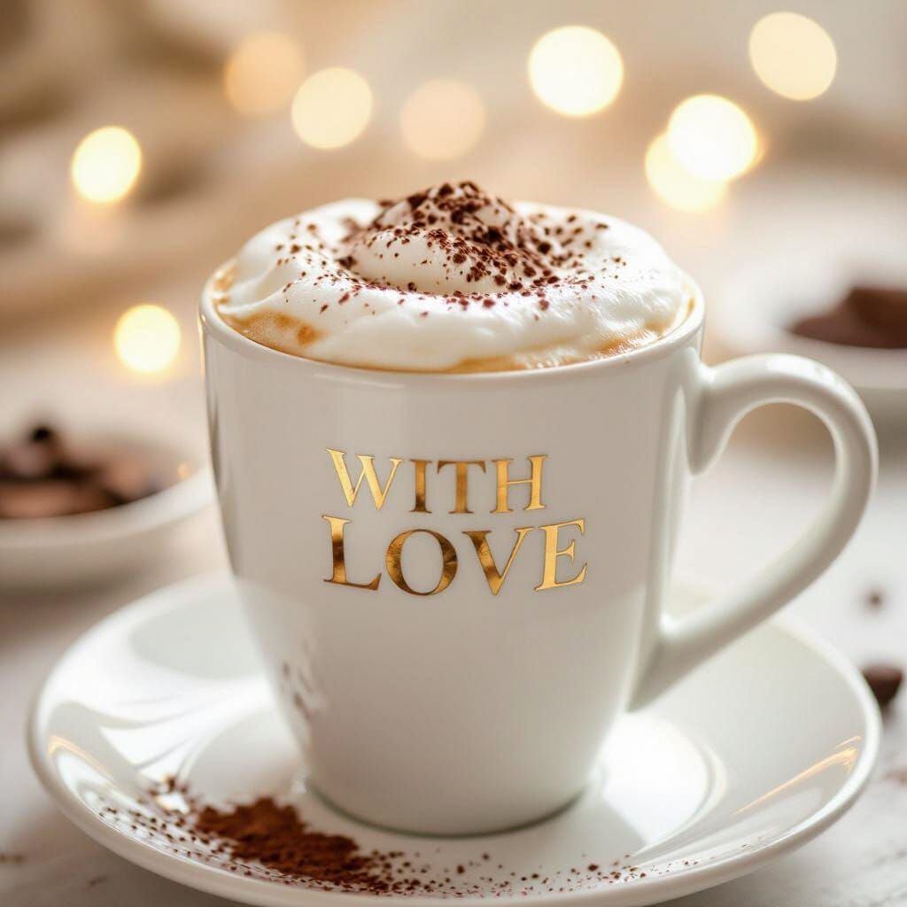Hyperrealistic Cappuccino in a "With Love" Mug
