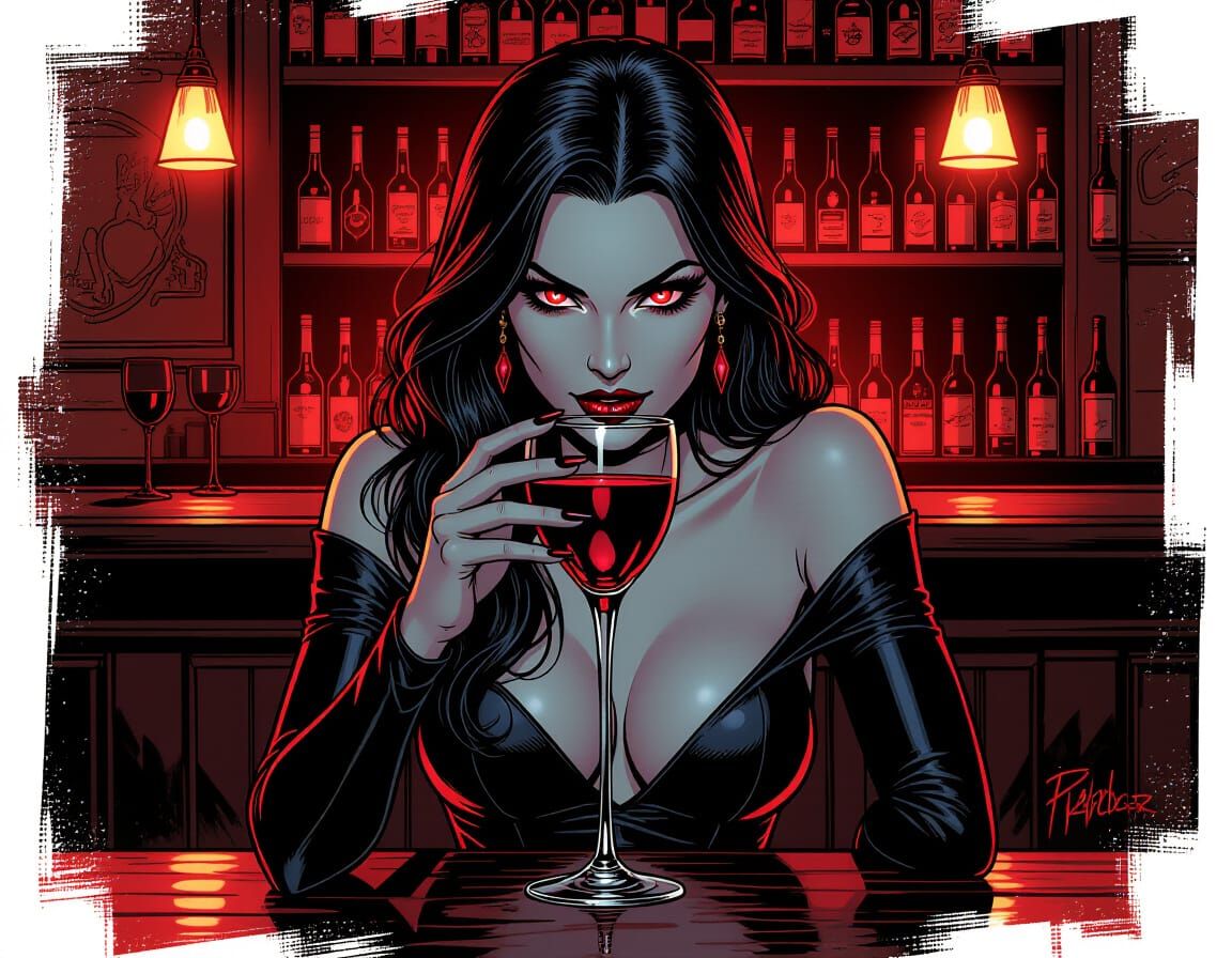 Vampire Woman Sips Blood in Dimly Lit Bar Comic Art Style