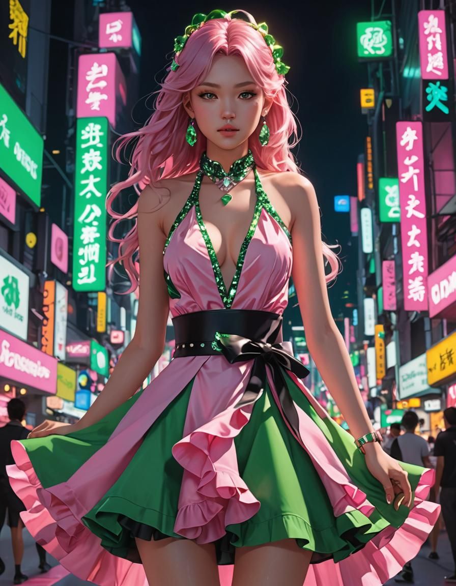 Neon Lit Gown in Anime Style