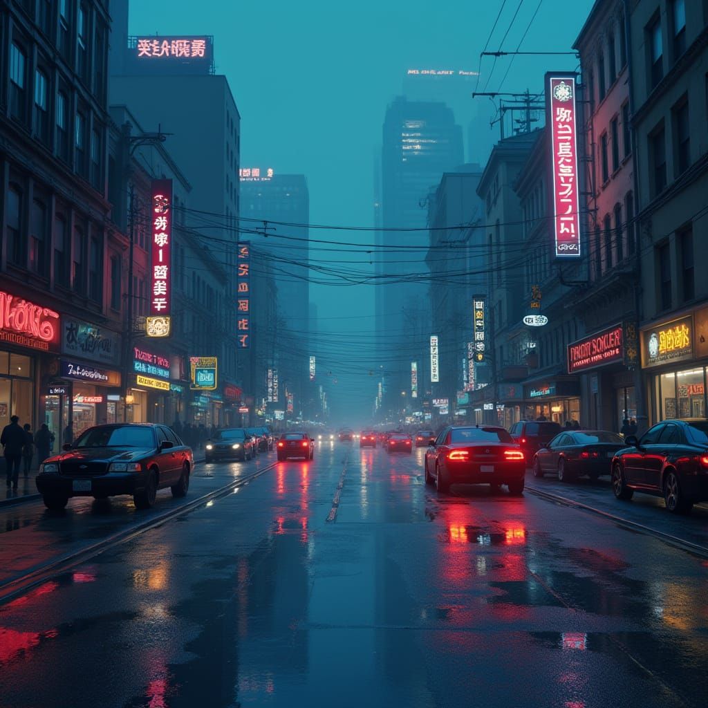 Lofi Cityscape at Blue Hour with Neon Reflections