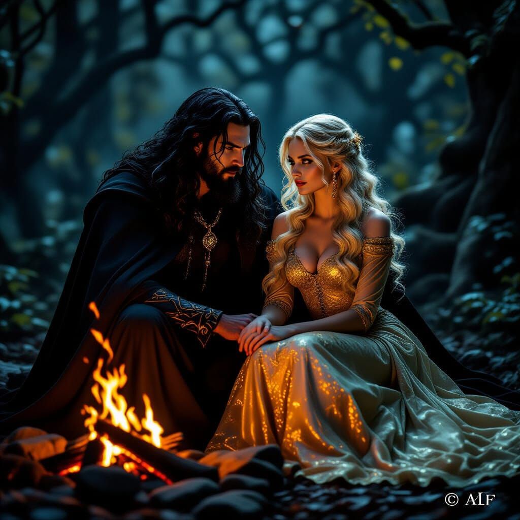 Dark Sorcerer and Blonde Woman by Firelight in Forest