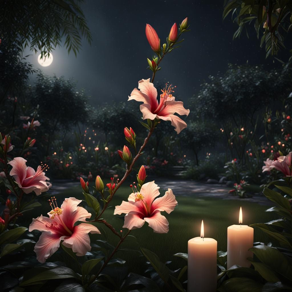 Cricket and Almond Tree in Lush Night Garden