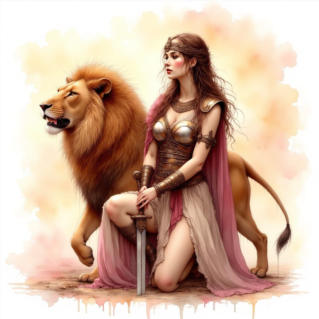 Warrior Woman Kneeling with Lion, Divine Strength