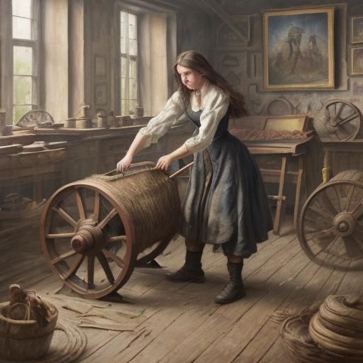 Industrial Revolution Weaving Wheel in Gouache Style