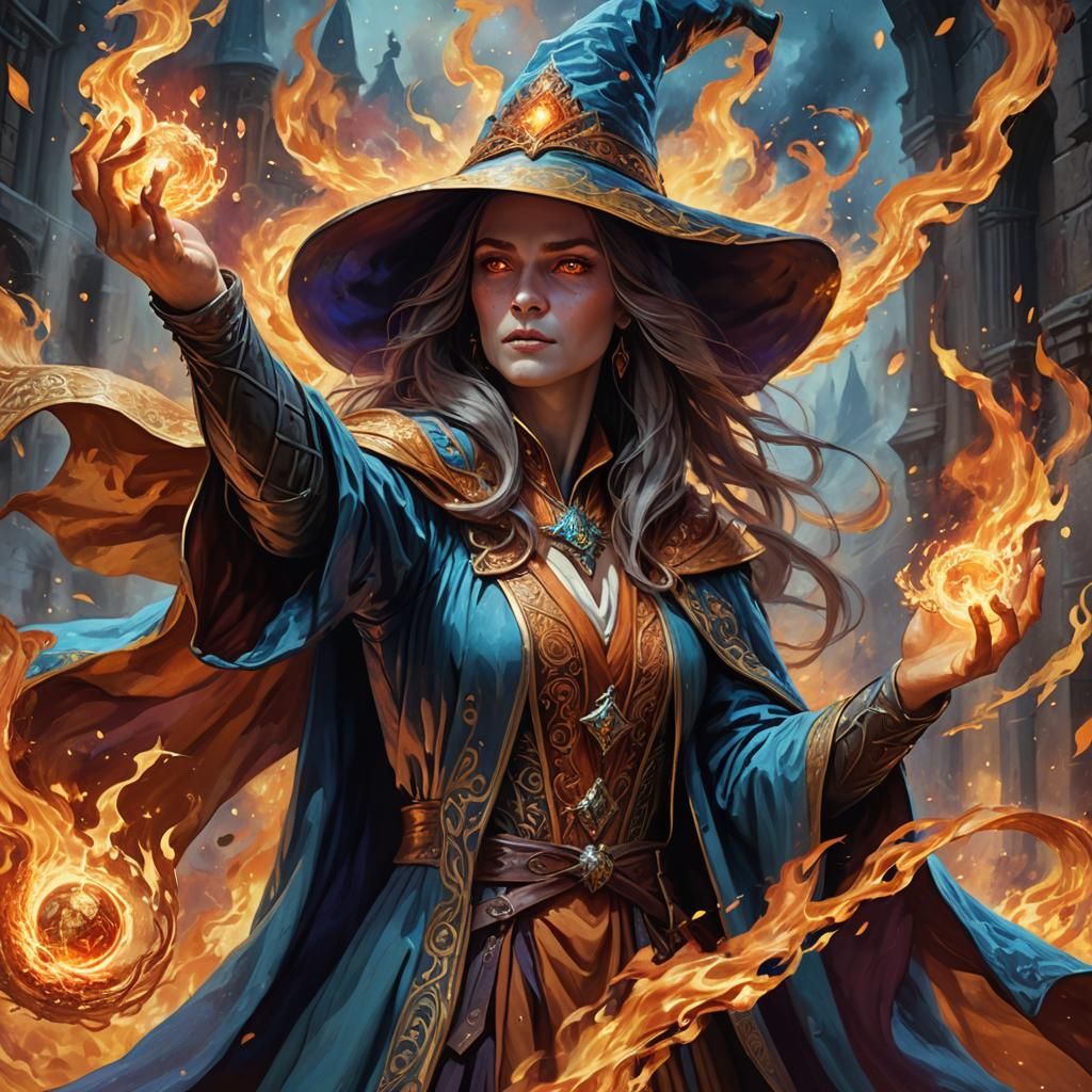 Wizard Woman Conjuring Fireball: Fantasy Concept Art